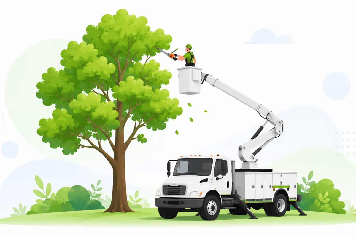 All Tree Service bucket truck crew rigging down a large hazardous conifer over a fenced back garden in Santa Rosa